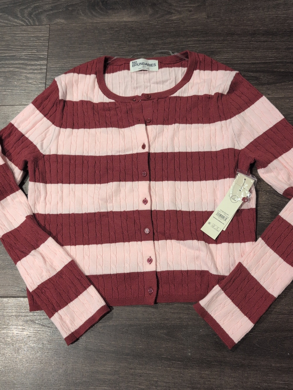 No Boundaries Cable Knit Crewneck Cardigan, Women's Sweater Pink And Wine Size L